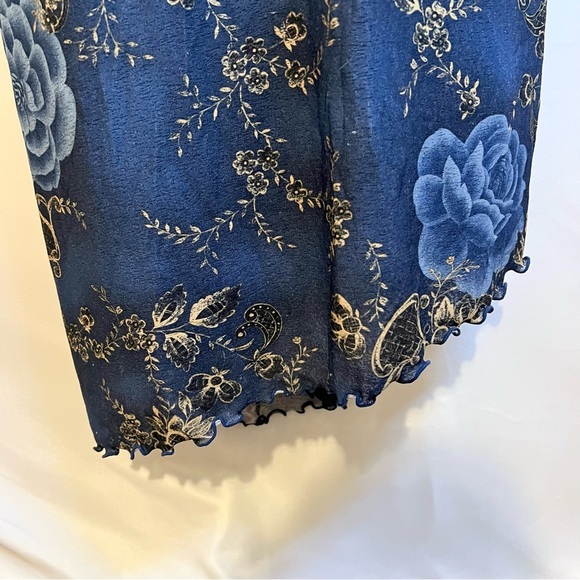 Expressions Dress 1X Stud Y2K Blue Tan Rose Lettuce Hem Angled V Neck Suede Bow - Picture 7 of 11